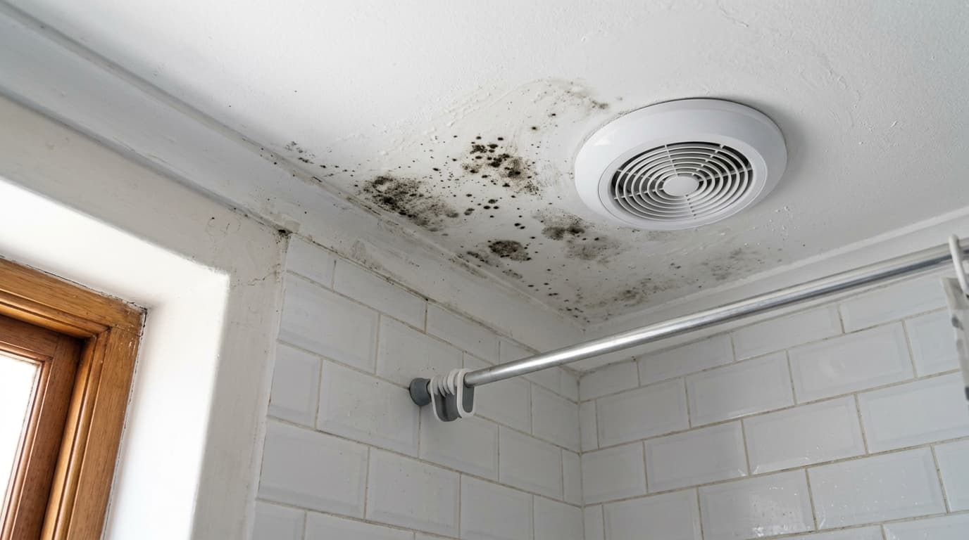 Bathroom ceiling mold above white tiles in a Cape Town home