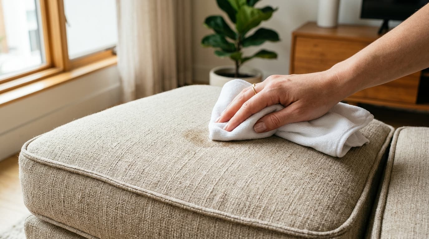 Blotting a couch cushion with a clean cloth in a Cape Town living room