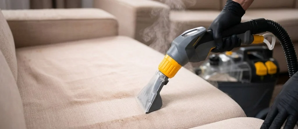 Professional upholstery cleaning: hot-water extraction on a fabric sofa.