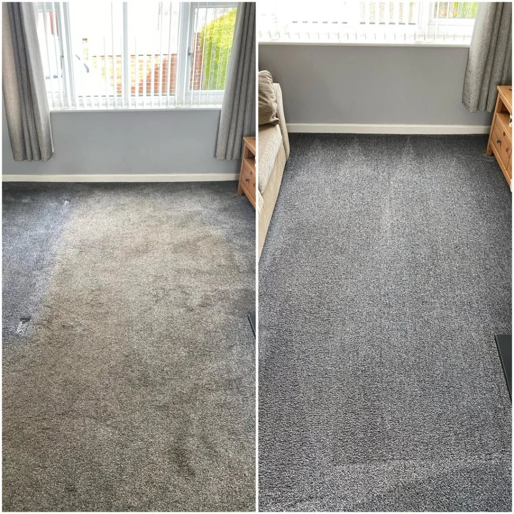 Before and after: living room fitted carpet with heavy soiling reduced after cleaning.