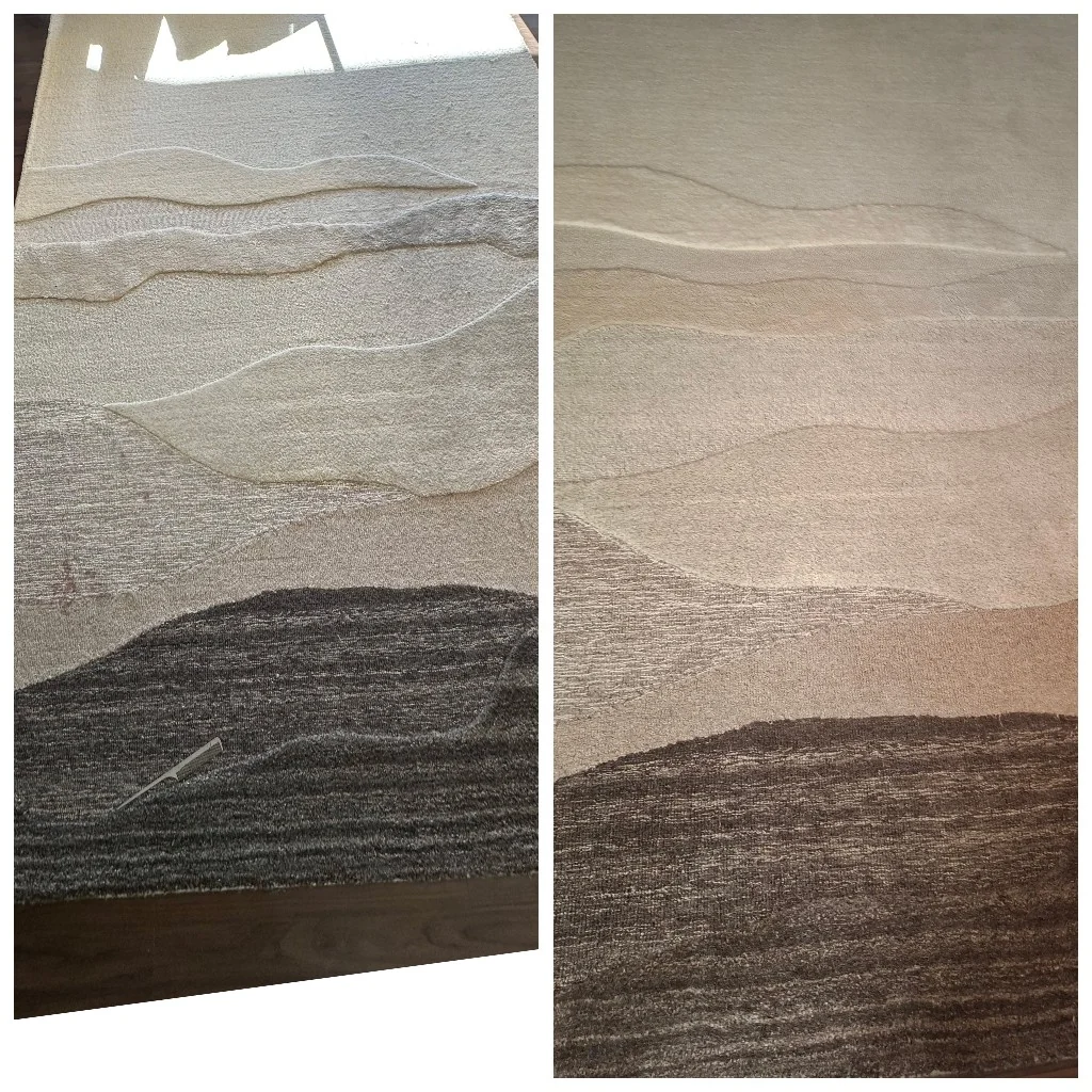 Before and after: patterned area rug with refreshed pile and more even colour.